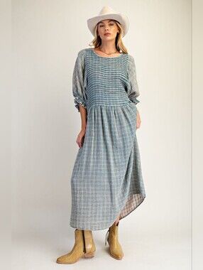 NWT EASEL Los Angeles Printed Cotton Gauze Washed Dress Faded Teal Size L